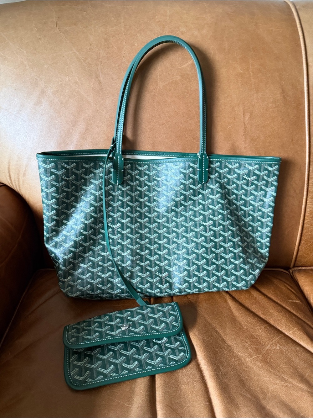 Green Patterned Tote Bag with Matching Pouch - Designer Style